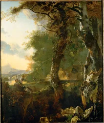Paysage avec arbres et bergers (huile sur toile)