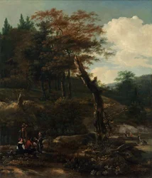 Paysage boisé avec voyageurs