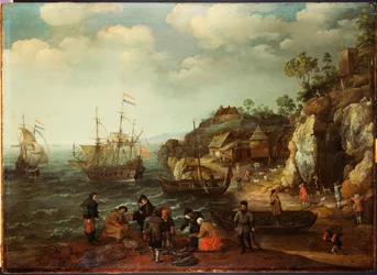 Scène côtière avec pêcheurs et chasseurs sur le rivage, 1626