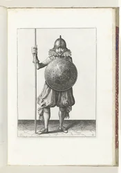 Exercice avec bouclier et lance : le soldat ramène la lance en position de repos en trois temps, troisième mouvement (n° 12), 1618