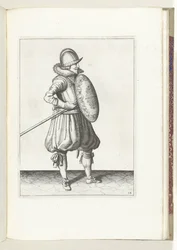 Exercice avec bouclier et lance : le soldat met la lance en position pour traîner, deuxième mouvement, 1618
