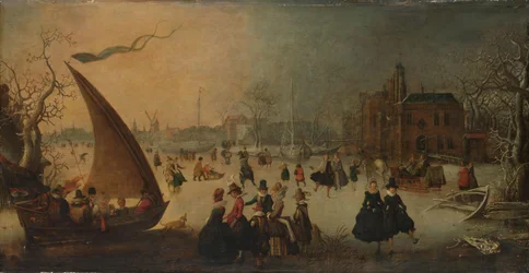Paysage avec canal gelé, patineurs et un bateau à glace
