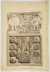 Relief en pierre de Mexico montrant en haut, deux figures de guerriers faisant face à une 