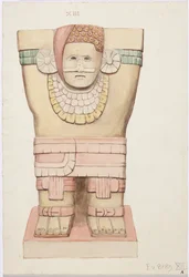 Caryatide de la chambre extérieure, Temple A, terrain de jeu de balle, Chichen Itza, Mexique (aquarelle)