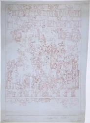 Dessin du mur sud, temple supérieur des Jaguars, Chichen Itza, Mexique