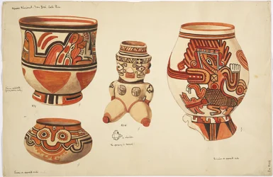 Quatre pièces de poterie - trois vases et une figure