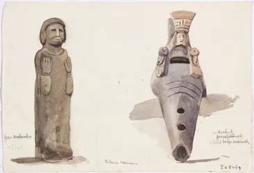 Figures en pierre de Malinalco, Toluca, Mexique (aquarelle)