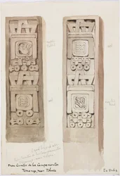 Deux colonnes montrant des reliefs en pierre, Cerritos de los Campamentos, Tenago, près de Toluca, Mexique