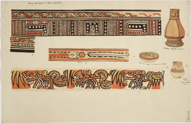 Deux jarres (dont une avec un col long et étroit) et un plat avec des motifs