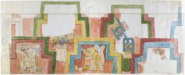 Copie aquarelle de la façade en stuc du temple sur la pyramide à Acanceh