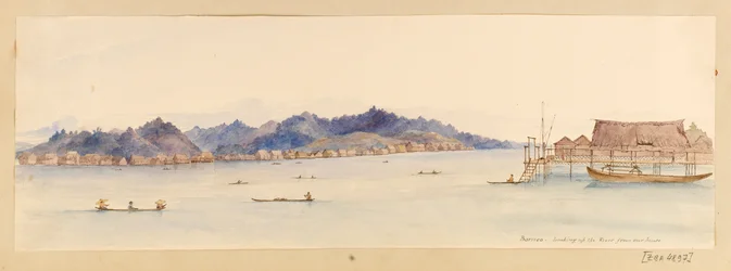 Bornéo - Vue de la rivière depuis notre maison du carnet de croquis des Antilles, Amérique du Nord et Bornéo, c.1845