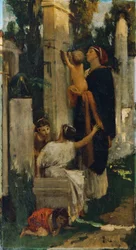 Scène de cimetière antique (Femme avec enfants décorant une tombe)