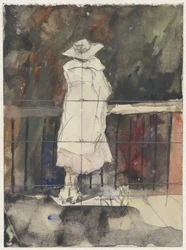 Femme debout devant une balustrade, vue de dos