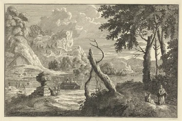 Paysage fluvial arcadien avec arbre brisé
