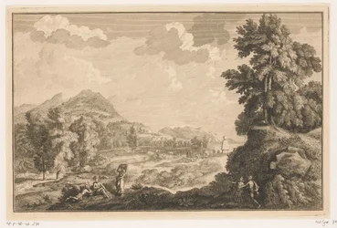 Paysage fluvial arcadien avec bergers et femme avec une corbeille de linge