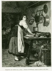 Préparation des nouilles. Gravure par Hildibrand, pour illustrer l