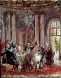La table ronde de Frédéric II de Prusse (1712-1786) avec Voltaire (François Marie) Arouet de Voltaire (1694-1778) et Christoph Ludwig von Stille (1696-1752) au palais de Sanssouci