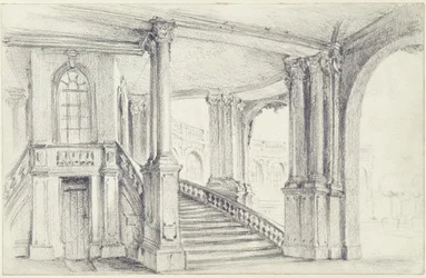 Vue à travers le pavillon de la ville vers la galerie à arcades sud-est du Zwinger à Dresde