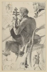 Violoncelle tourné vers la gauche, vu à demi de dos. Études de tête et de mains. Étude préparatoire pour le tableau « Concert de flûte de Frédéric le Grand à Sanssouci »