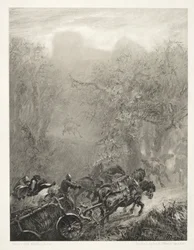 Essai sur pierre avec pinceau et grattoir : Le convoi de prisonniers à travers un bois, 1851