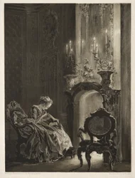 Essai sur pierre avec pinceau et grattoir : Femme lisant au coin du feu, 1851