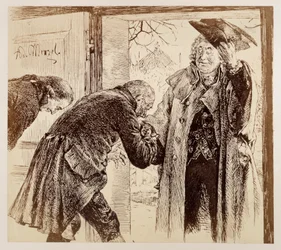 Le juge Walter entre par la porte de droite en soulevant aimablement son chapeau ; il est accueilli avec déférence par Adam et Licht. Extrait de « La cruche cassée » de Heinrich von Kleist