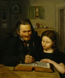 Un vieil homme apprend à lire à une jeune fille