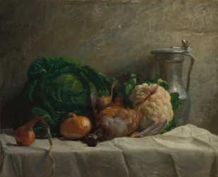 Nature morte avec légumes, perdrix et cruche