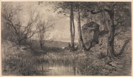 Un étang avec un pêcheur le long de la rivière Ain