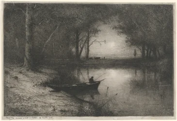 Pêcheur en canot, au bord d