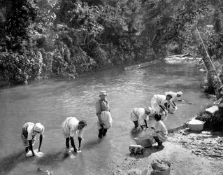 Femmes lavant des vêtements dans la rivière, Port Antonio, Jamaïque