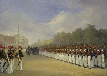 Parade du régiment de la garde Pavlovsky sur le Champ de Mars à Saint-Pétersbourg, années 1830