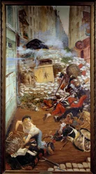 Gavroche à la barricade. Illustration des Misérables de Victor Hugo (1802-1885). Peinture par Adolphe Willette (1857-1926) 19ème siècle Paris, maison de Victor Hugo