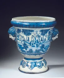 Grande urne de jardin mythologique en Delft bleu et blanc dans le style baroque, vers 1700