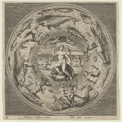 Conception pour une assiette avec Galatée sur une coquille flanquée de trompettistes dans une bordure de médaillon