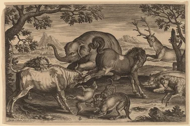 Lion, Taureau, Renard, Loup, Chien, Sanglier, Chèvre, Cheval, Éléphant et Cerf