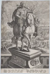 Planche 11 : statue équestre de Titus, vue aux trois quarts à droite, Mont Vésuve, vers 1587-89