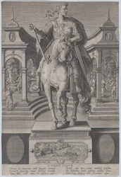 Planche 1 : statue équestre de Jules César, vue de face, avec une scène de..., vers 1587-89