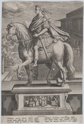 Statue équestre de Galba, de profil à gauche, avec une scène de décapitation, vers 1587-89