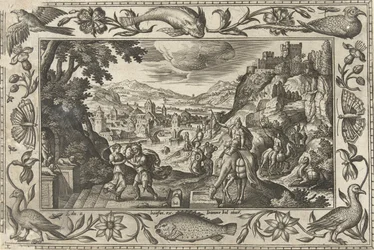 Rébecca et Éliézer au puits (Paysages avec scènes bibliques, mythologiques et de chasse)