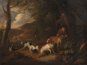 Chasseur avec chiens à la lisière d