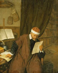 Un avocat assis à un bureau lisant une lettre, une bibliothèque au-delà, 1668