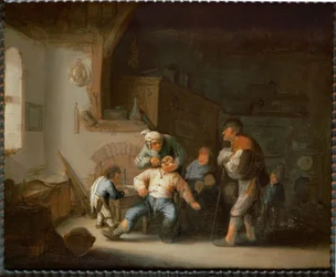 Le barbier du village (peinture sur bois de chêne)