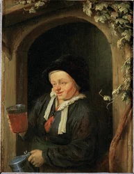Femme à la fenêtre avec une cruche et un verre de bière (peinture sur bois de chêne)