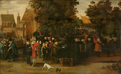 Spectacle satirique sur la politique néerlandaise vers 1620, c.1619-1620 (huile sur panneau)