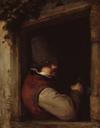 Homme avec une chope à la fenêtre