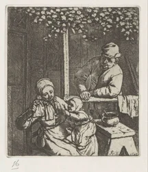 Mère avec enfant sur les genoux tendant la main vers une poupée