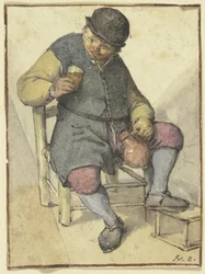 Paysan assis, vu de face, avec cruche et verre