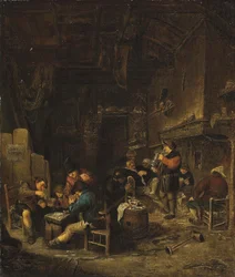 Intérieur de taverne avec des paysans jouant aux cartes, fumant et buvant