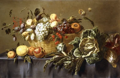 Un panier de fruits sur une table drapée, vers 1635